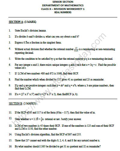 Real Numbers Class 10 Worksheet With Answers